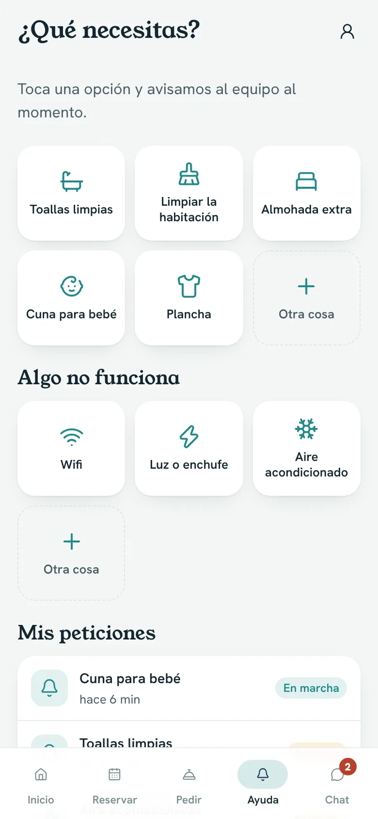 Botones para pedir toallas, almohada o avisar de una avería