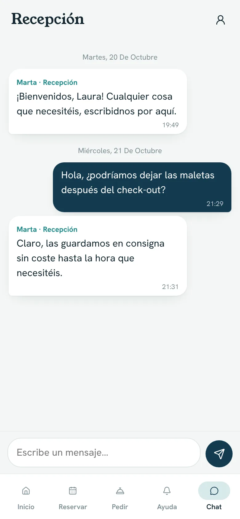 Conversación entre el huésped y recepción