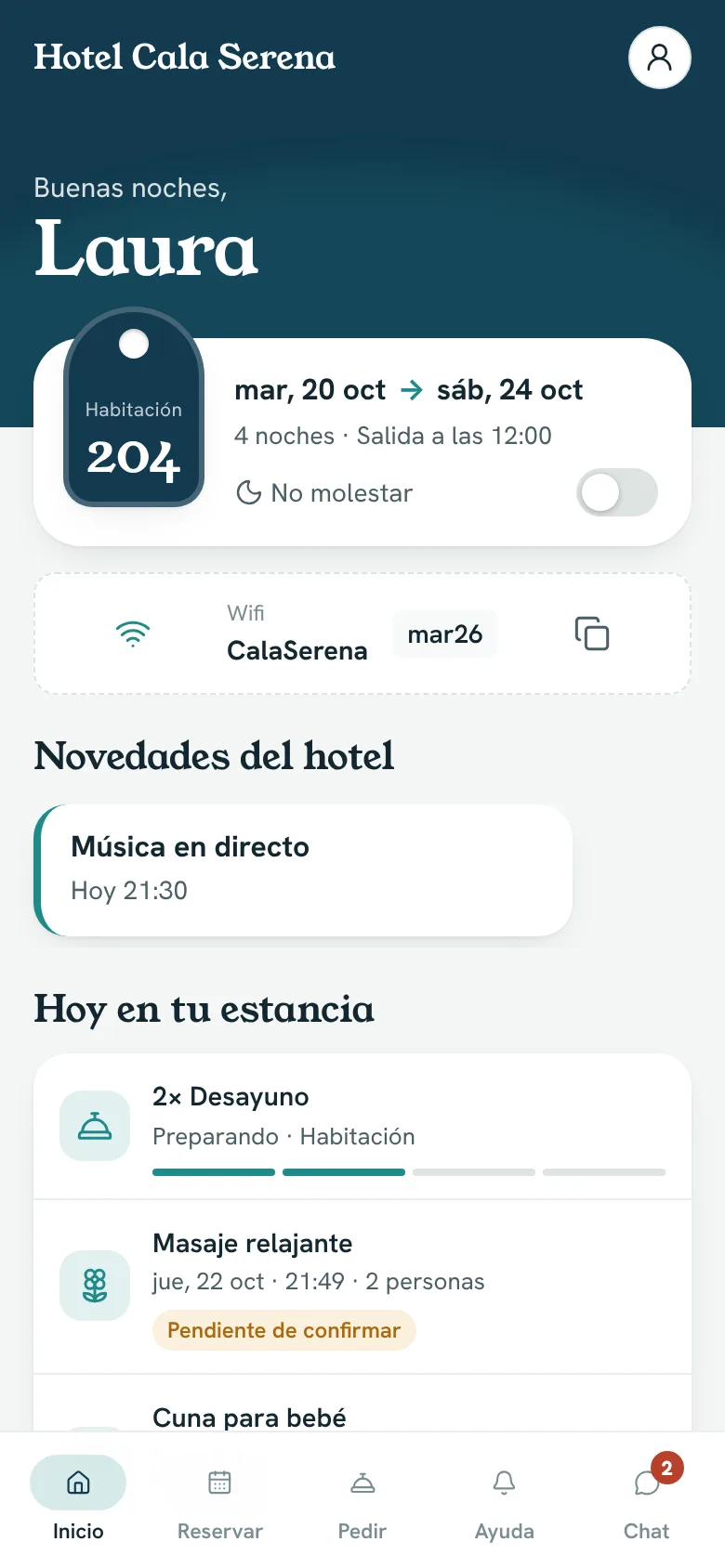 Pantalla de inicio de la app: saludo al huésped, número de habitación, wifi y lo que tiene pendiente hoy