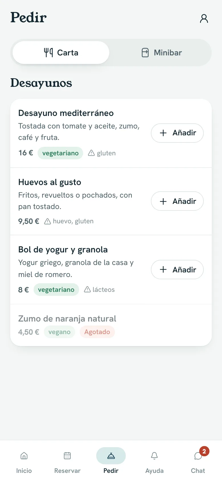 Carta del servicio de habitaciones con precios, etiquetas y alérgenos