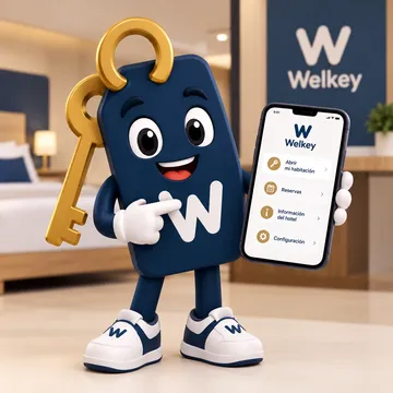 La mascota de Welkey: un llavero de hotel con el móvil en la mano